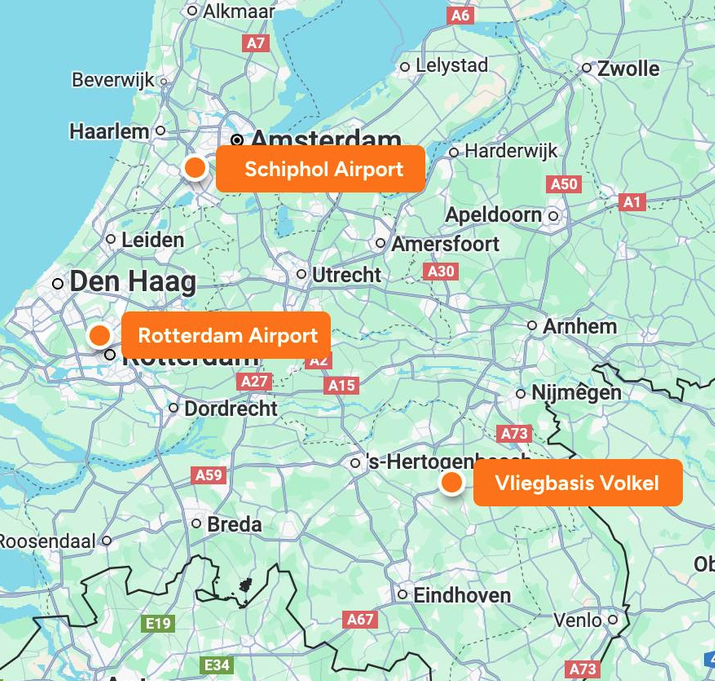 Overzicht van politiehelikoptervelden: Schiphol-Oost, Rotterdam en Volkel